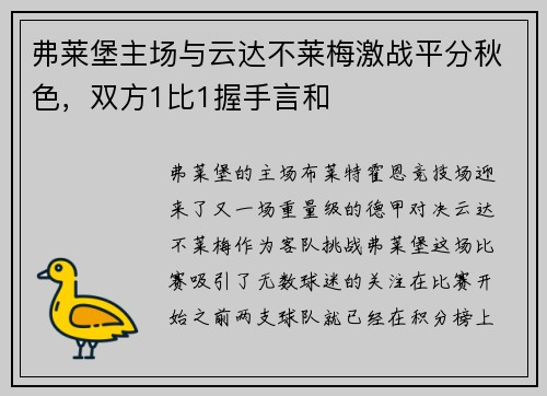 弗莱堡主场与云达不莱梅激战平分秋色，双方1比1握手言和