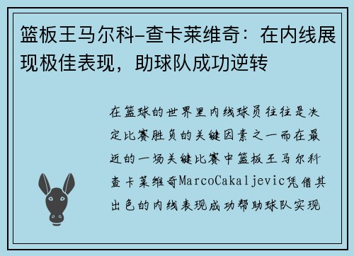 篮板王马尔科-查卡莱维奇：在内线展现极佳表现，助球队成功逆转